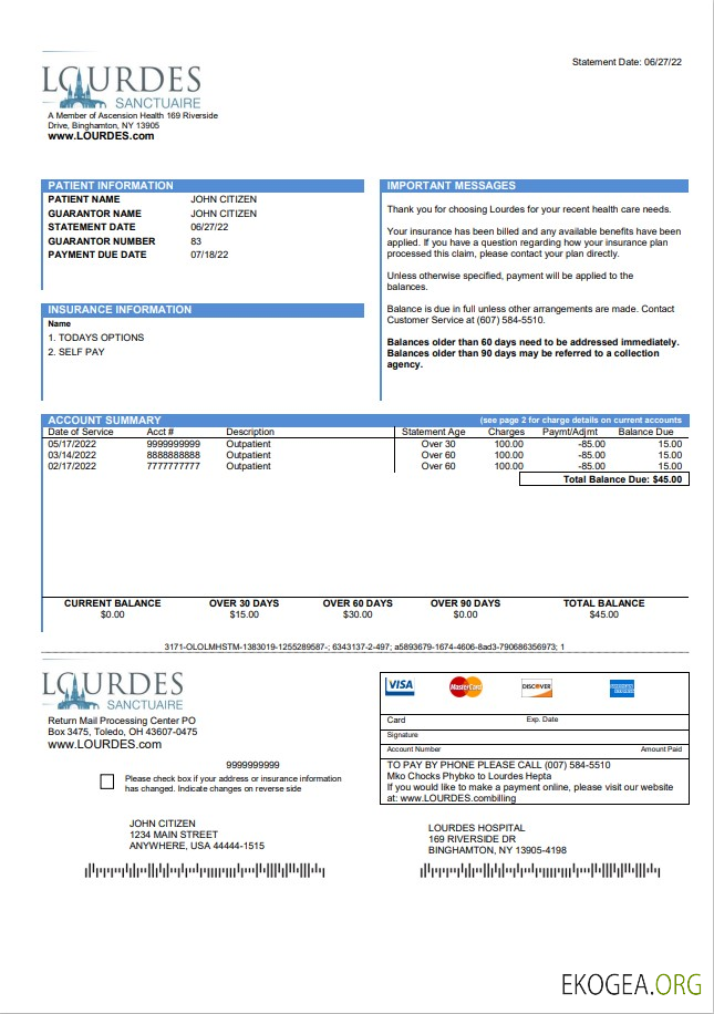 USA Lourdes utility bill template in Word and PDF format